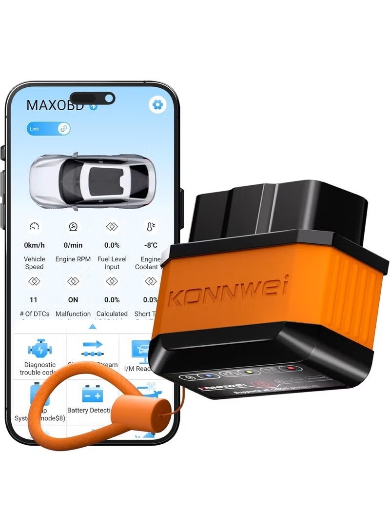 Konnwei ماسح OBD2 بلوتوث 5.2، أداة تشخيص السيارات اللاسلكية Fixd، تعمل مع iOS/Android، قارئ رموز محرك السيارة، مسح رمز الخطأ، اختبار الأداء، مناسبة لـ 99% من السيارات - Image 1